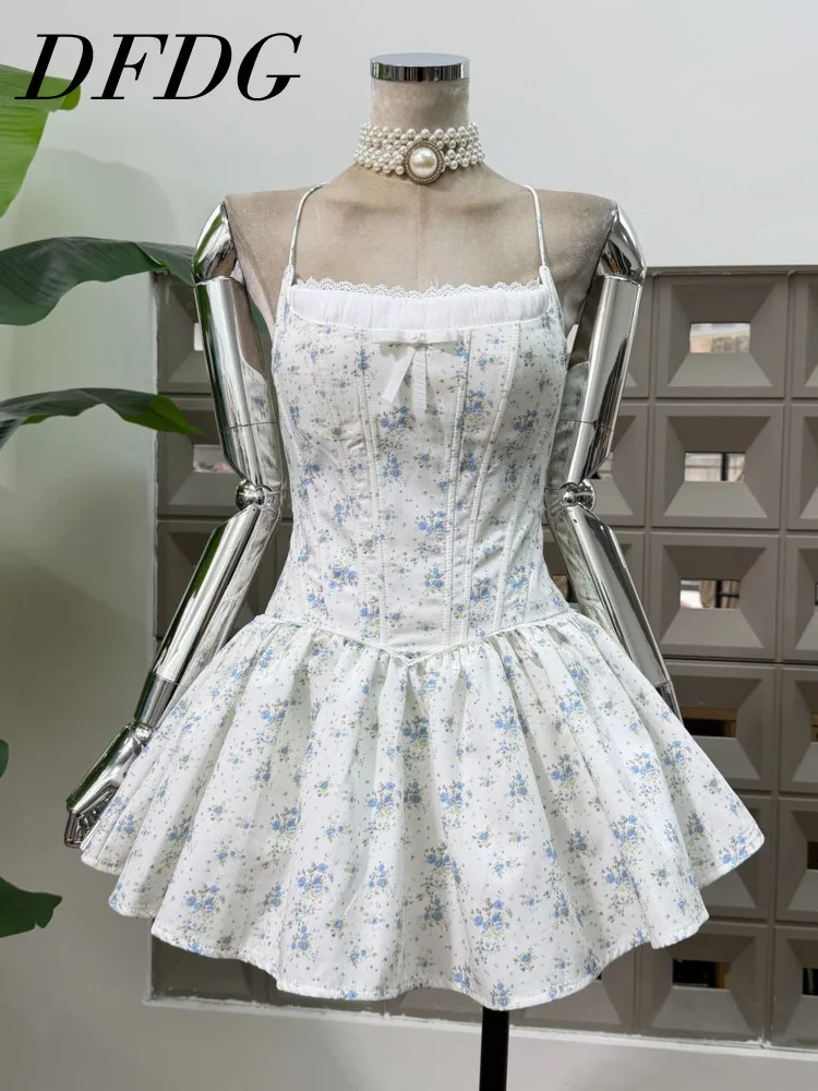 

DFDG Women 2026 Spring Spaghetti Strap Mini Dress Floral Print Boned Corset Bodice Flared Skirt Cute Casual Daily Wear Dress