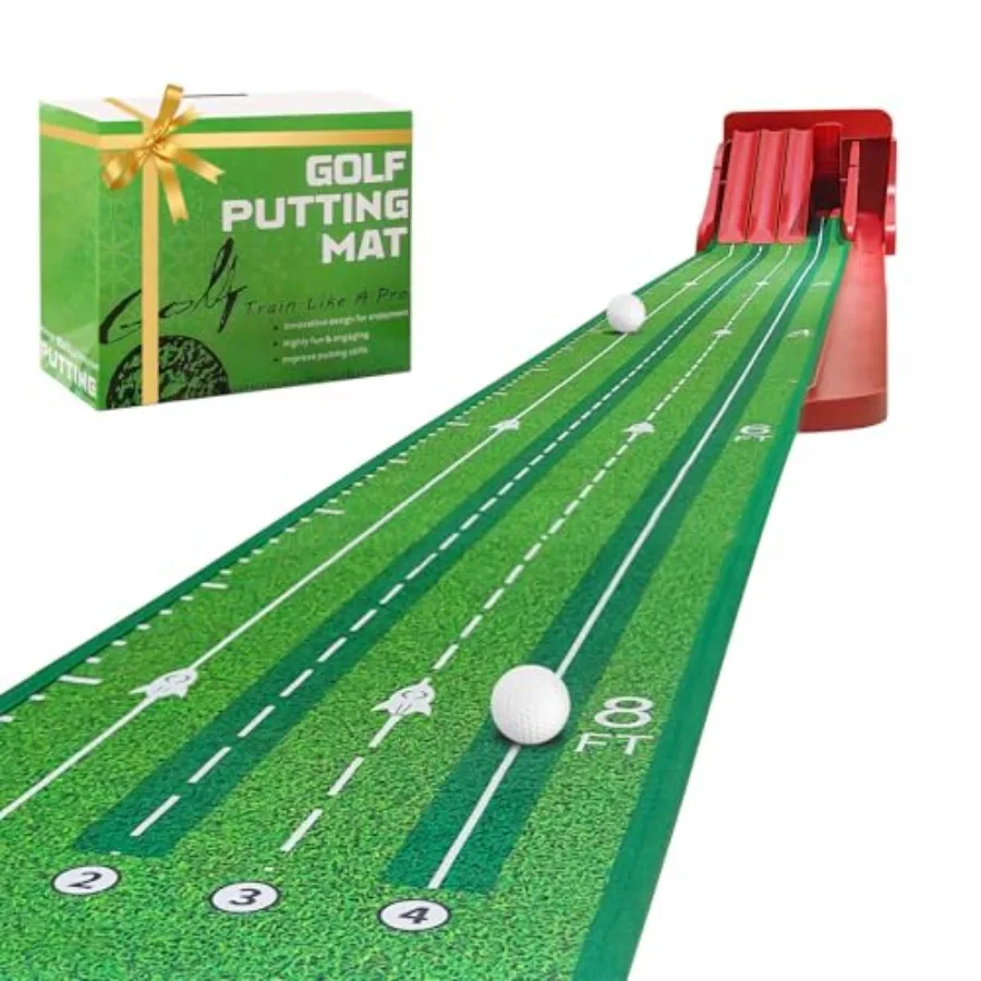 

Putting Green Indoor Golf Putting Mat with Auto-Ball Return - Putter Alignment Guides at 3, 5, 7 Ft - Mini Golf Practice Mat fo