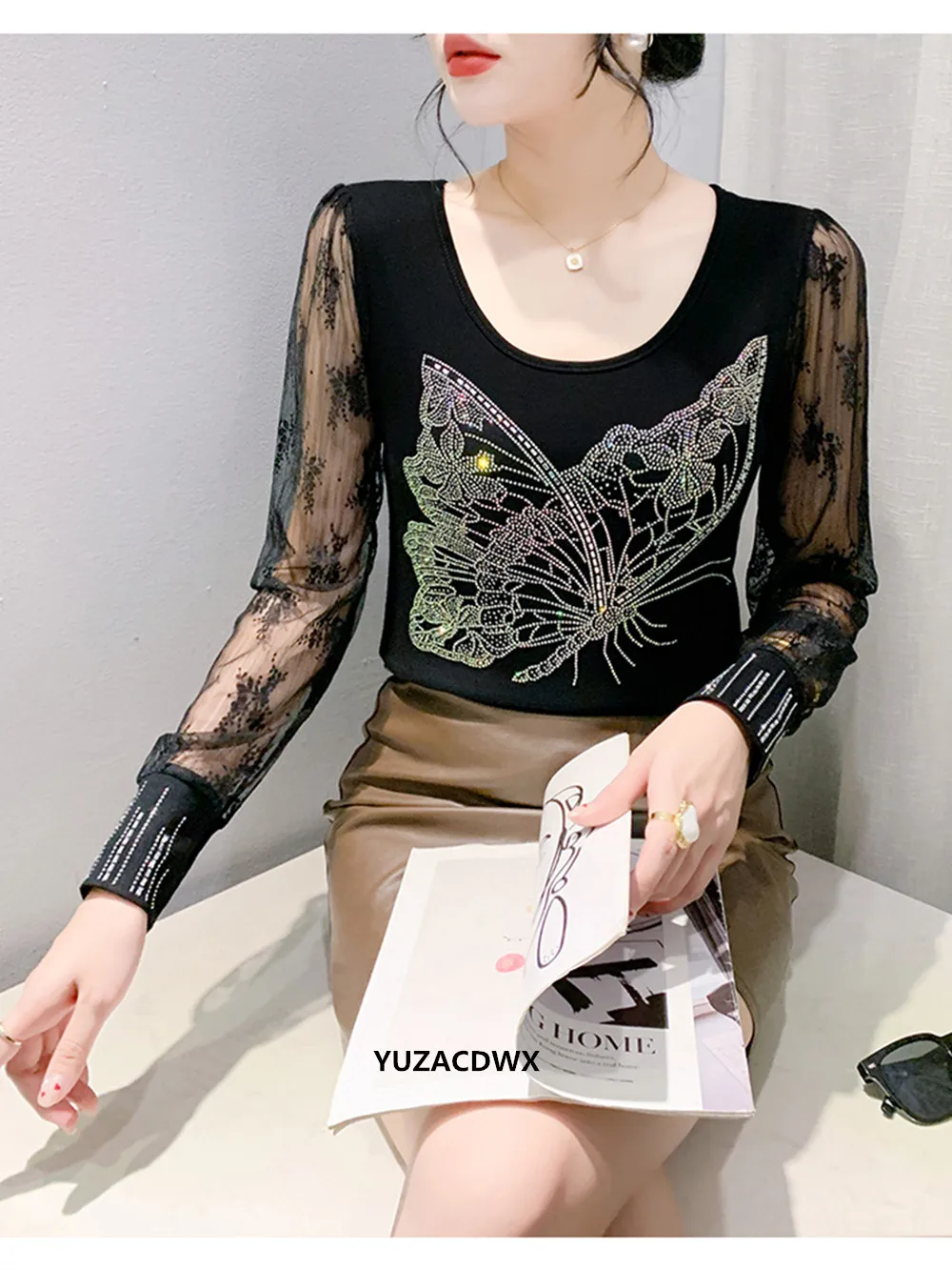 

2025 New Autumn European y2k clothes Butterfly Hot Diamond T-shirt Sexy Long Sleeve Women Tops Female Sim Cotton Tees spring