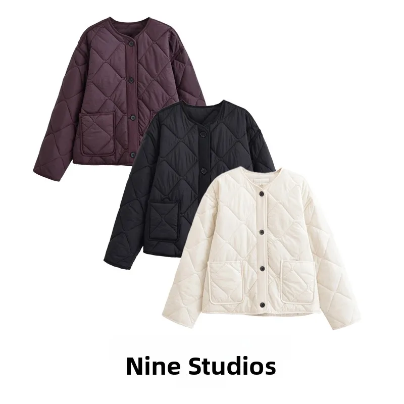 Loose Casual round Neck Cotton Jacket Women's Diamond Patterned Outerwear Comfortable Fit Ladies' Winter Coat
