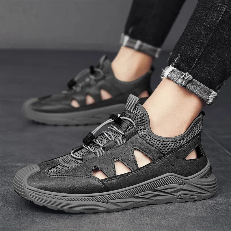 Zapatillas de deporte informales de malla para hombre, zapatillas deportivas transpirables con cordones para exteriores, antideslizantes, nueva moda, verano y otoño