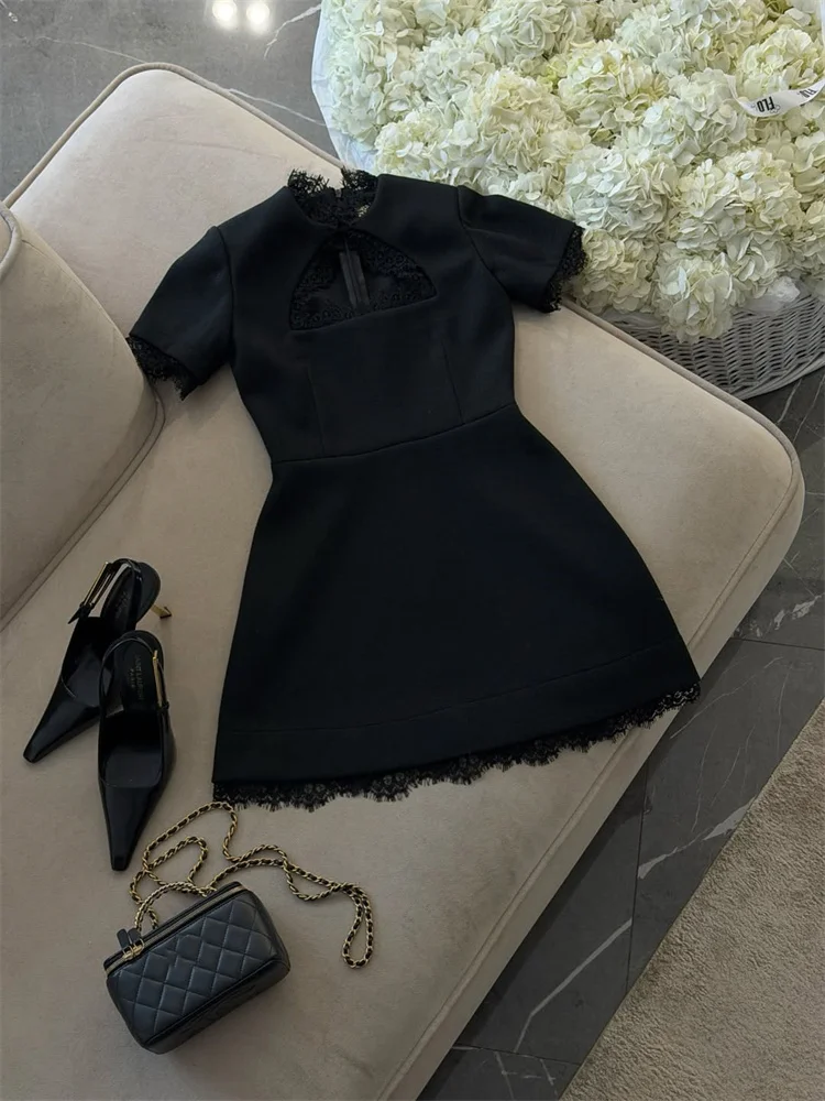 토시 블랙 레이스 홀로우 아웃 미니 드레스 여성 패치워크 반팔 섹시 하이웨이스트 파티 드레스 여성 캐주얼 프린트 드레스