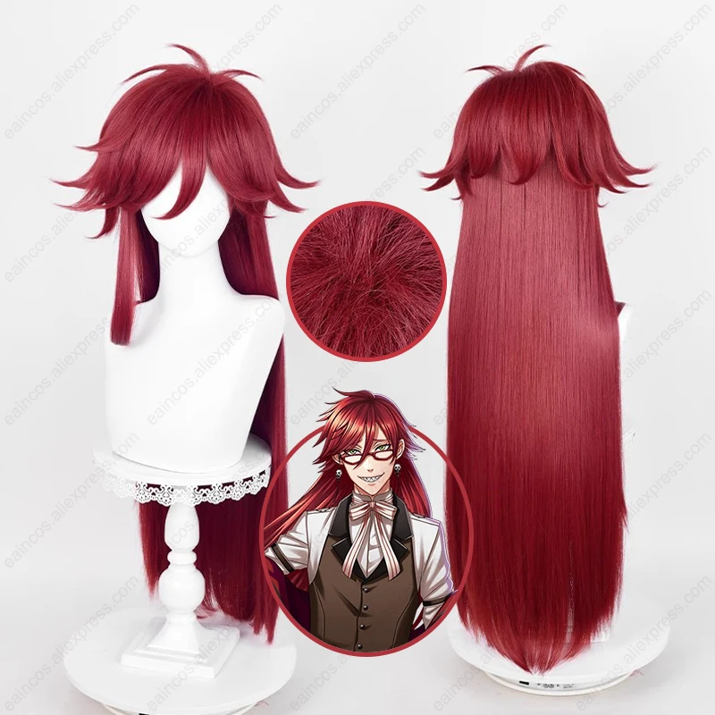 Pelucas de Cosplay de Anime Grell sutacantilado, cabello sintético resistente al calor, rojo oscuro, 90cm de largo, fiesta de Halloween