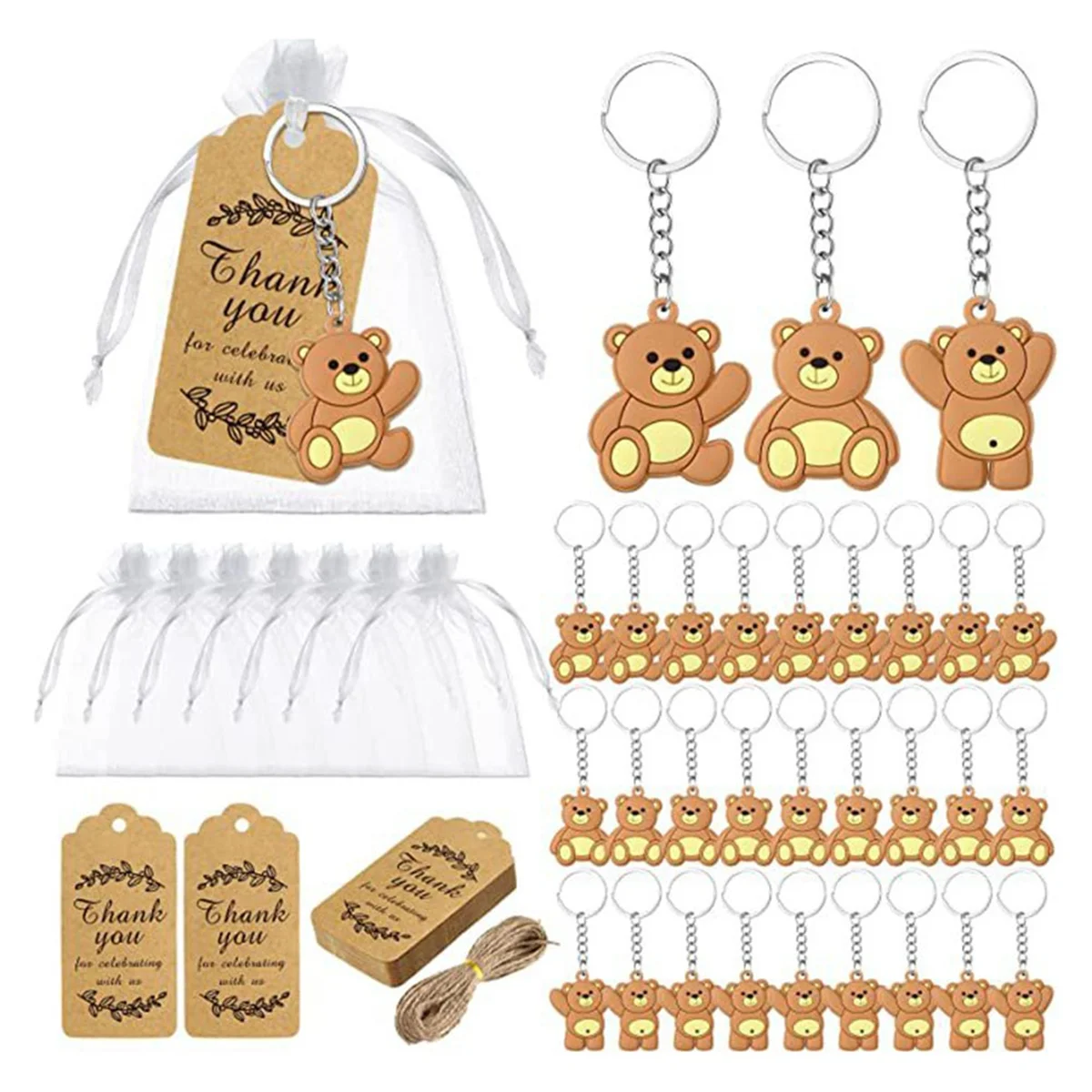 EYFL-20PCS Baby Shower Souvenirs Gift Bear Keychain Organza Bag Thank You Kraft Tag for Guests Girl Boy Birthday Party Supply