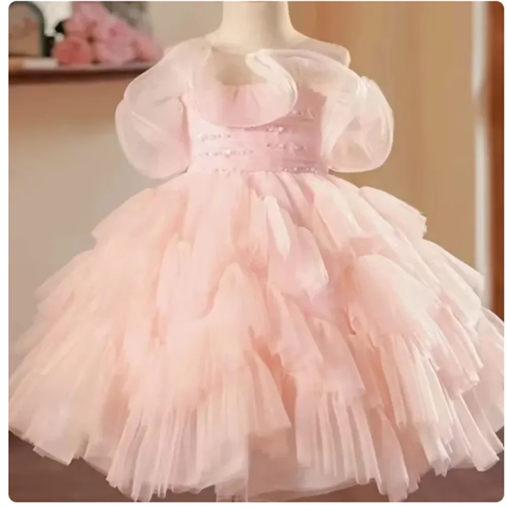 

Elegant Pink Flower Girl Dress Beaded Baby Kids Princess Wedding Birthday Party First Communion Customize Gown