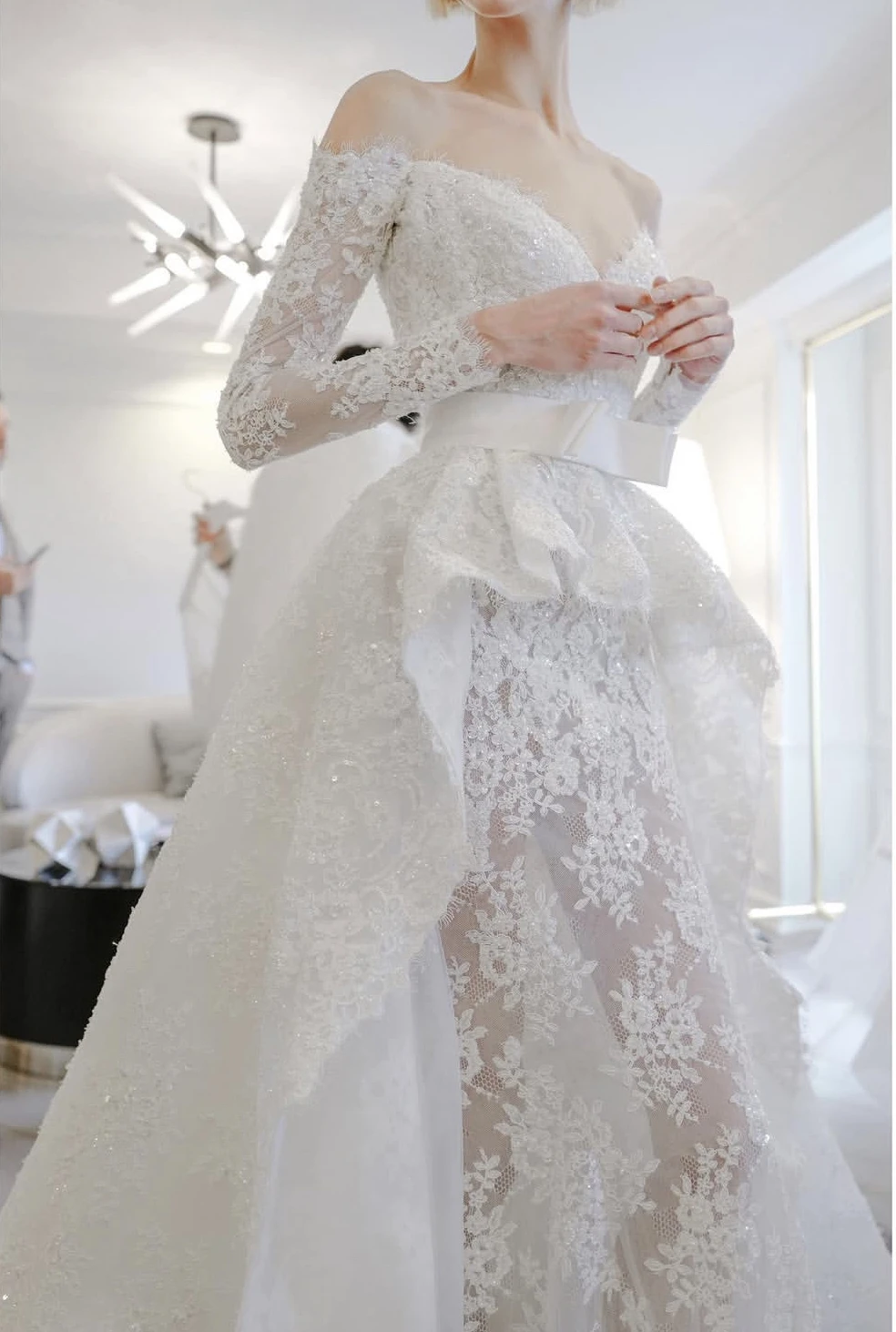 2 In I Lace Mermaid Wedding Dresses With Detachable Skirt Off Shoulder Long Sleeves Boho Beach Bridal Gowns Back Lace-Up Modern