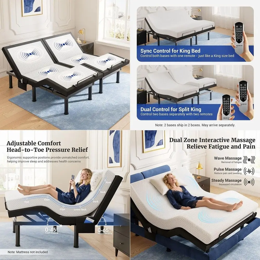 Tami T600 Adjustable Bed Frame Split King Size with Remote amp Massage Syncable Electric Beds Bases, Zero Gravity, Dual Side US