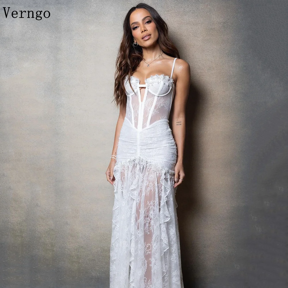 Verngo lvory Lace Sexy Prom Gown Spaghetti Straps Side Slit Evening Dress Cut Out Prom Party Dress Customized