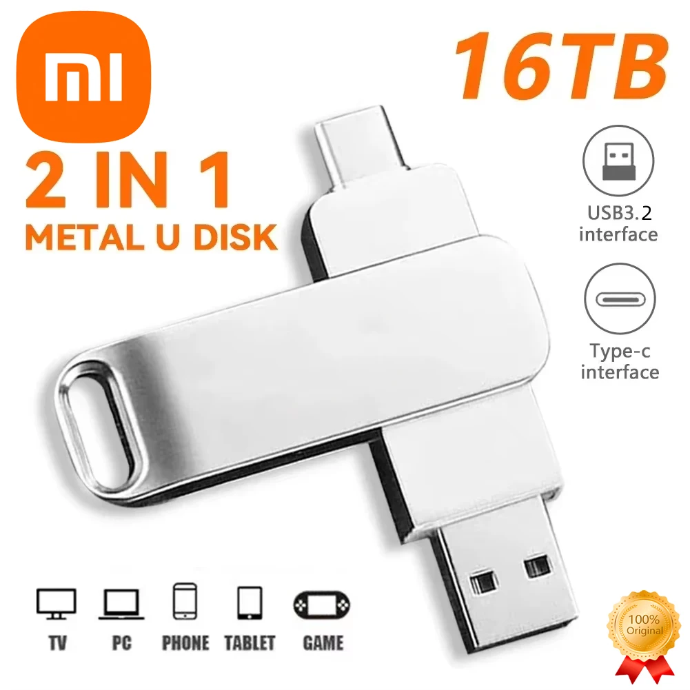 Xiaomi 2 IN 1 16TB Flash Drive USB3.2 High Speed Transfer U Disk Pen Drive Metal SSD USB U Disk Waterproof Portable Memory Stick