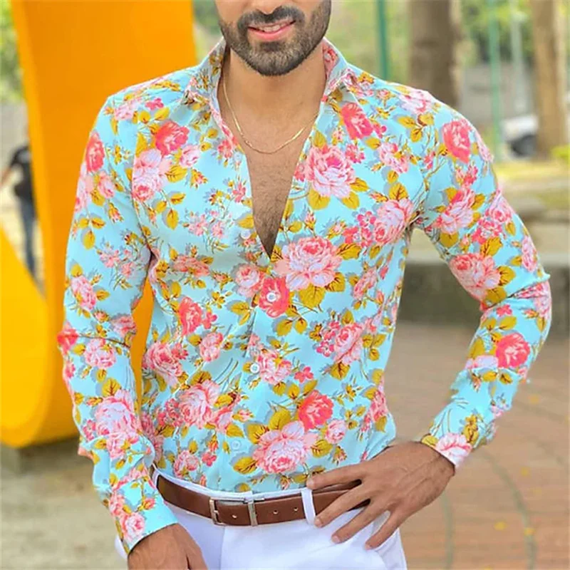 Camisa masculina versátil de um só peito, manga comprida, lapela floral, moda de rua casual, nova, outono