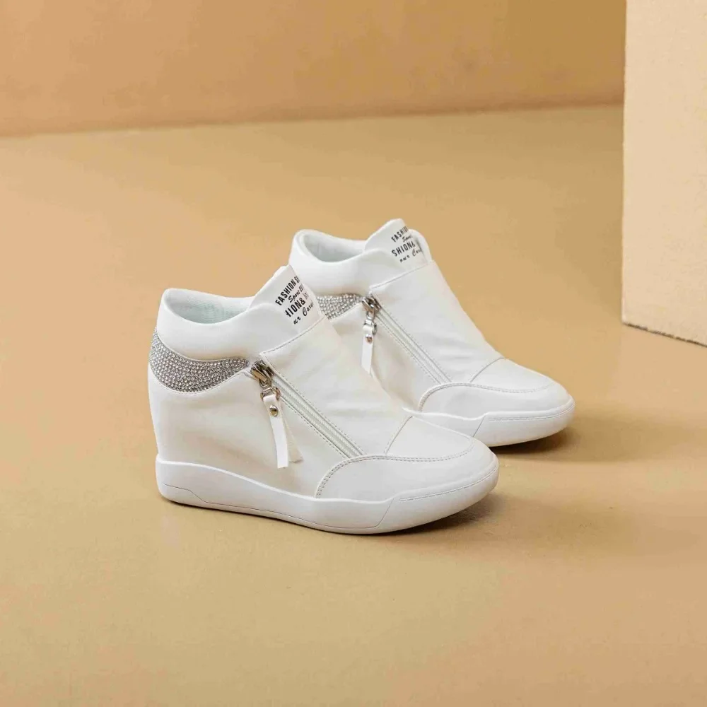 Women White Platform Bling Dimond Wedge Shoes High Top Women Sneakers Spring Autumn Hidden Heel  Side Zip Casual Shoes