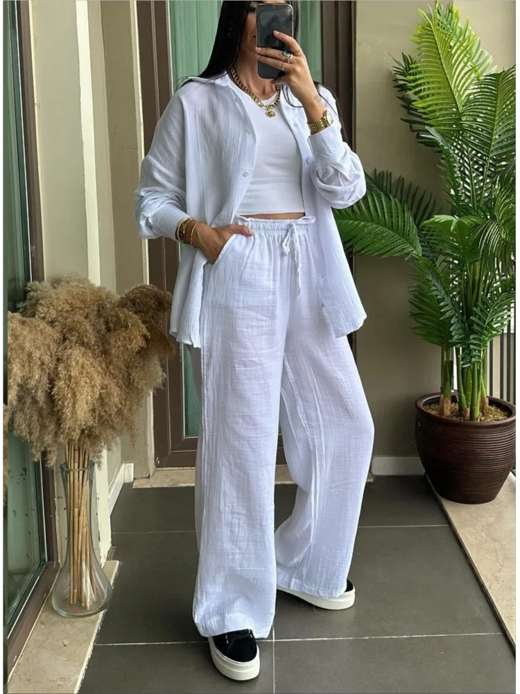 Conjunto informal liso de 2 piezas para mujer, camisa con botones de manga larga a la moda + pantalones de pierna ancha de cintura alta, trajes, ropa de oficina nueva