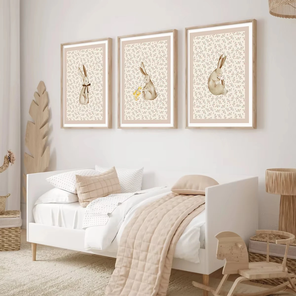 3pcs frameless Canvas Painting Beige Bohemian Style Wall Art Poster Forest Rabbit Duck Wall Painting Canvas Print Rabbit Forest