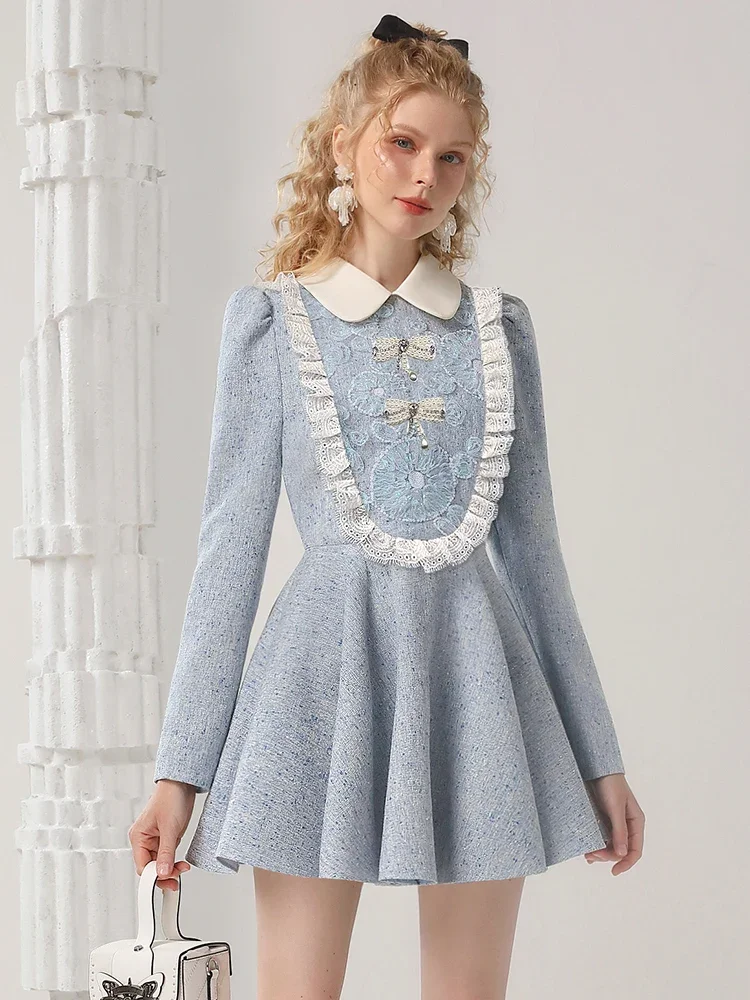 LEOSOXS Gentle Long-sleeved Dress 2024 Autumn and Winter Contrasting Color Lace Short Dresses Sweet Doll Collar  Vintage Dress