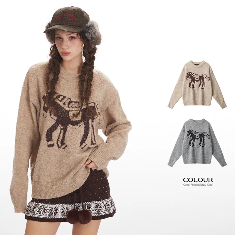 

HeyHenry Oversized Round Neck Pullover Sweater Soft Cozy American Lazy Couple Outerwear Knitted Women's Fashion Autumn Winter