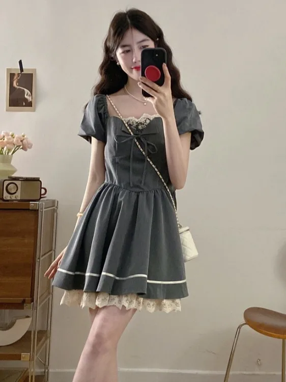 

plus Size Women's ey Lace Trim ort Sve Dr Square Collar A-Line Skirt Summer New Sle Waist Cinched Korean Sle