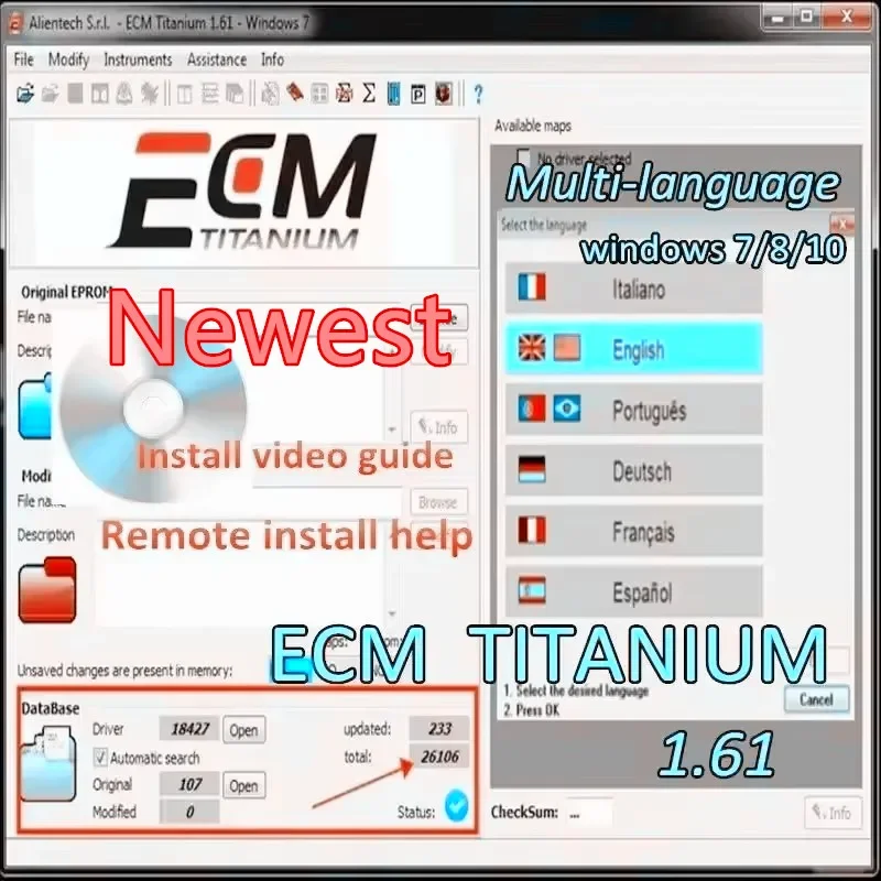 ECM Titanium 1.61 2024 Release with 26,000+ Drivers Full ECU Tool with ECM 18,259+ Drivers Options for Link CD or USB Win 10