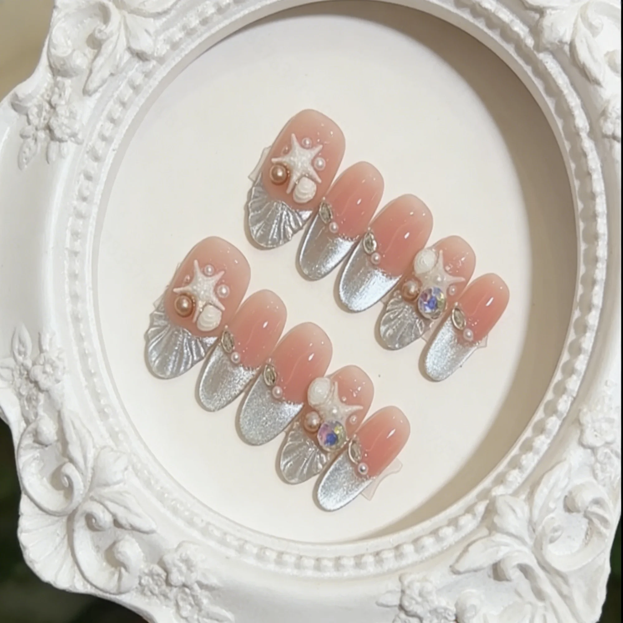 

10pcs French Shell Handmade Nails Starfish Pearl Bubbles Press on Nail Short Almond Full Coverage Nail Tips for Women&Girl