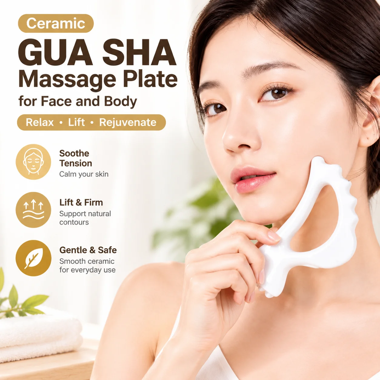 Ceramic Gua Sha Massage Plate for Face and Body, Meridian Scraping Stick Acupoint Tendon Tool, Portable Skin Care