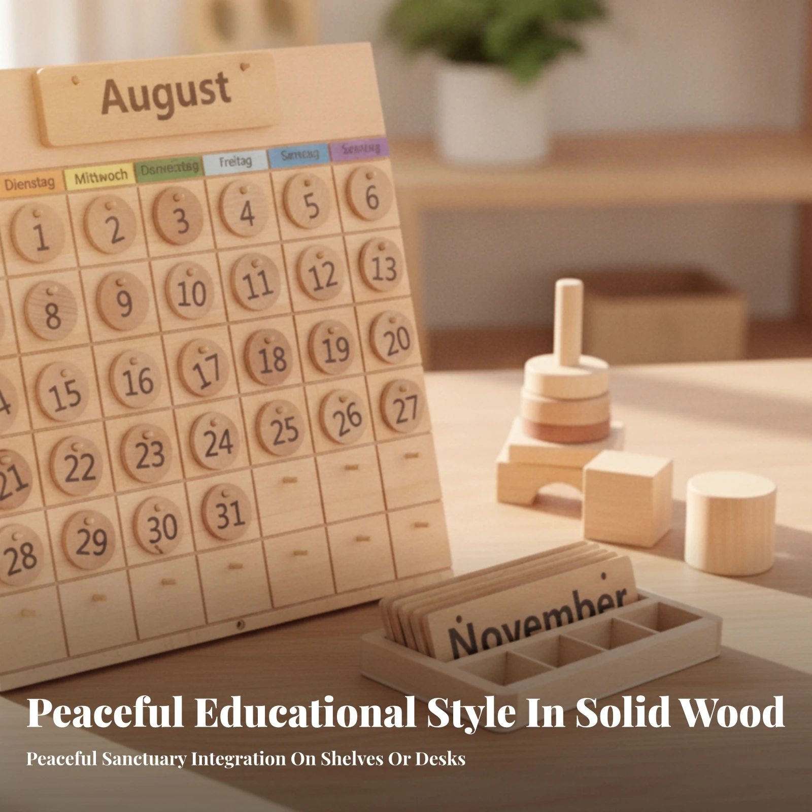 Wooden Calendar with Organizer Tray Non-Electric Wooden Perpetual Calendar Toy Large Sturdy for Children, Classroom, Homeschool