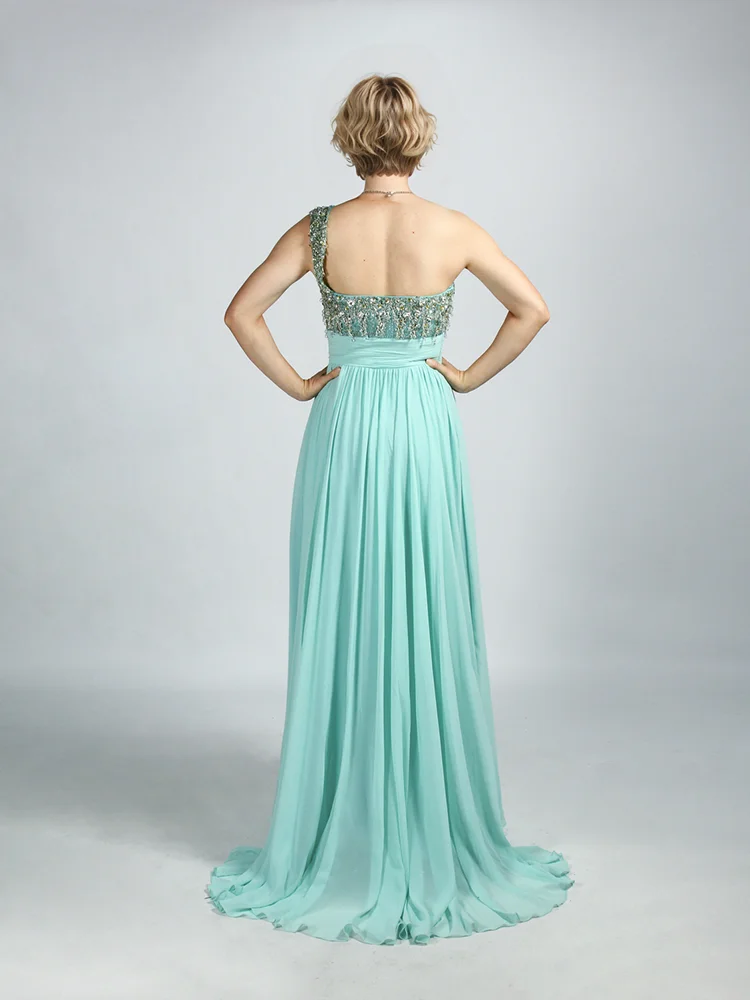 Luxury Hand Made Beading One Shoulder Fit N Flare Chiffon Evening Dresses