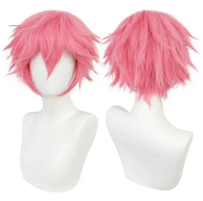 Sintetis Universal Wig Cosplay pendek perak merah muda pirang rumput hijau hitam lurus Wig pria untuk Halloween Cosplay