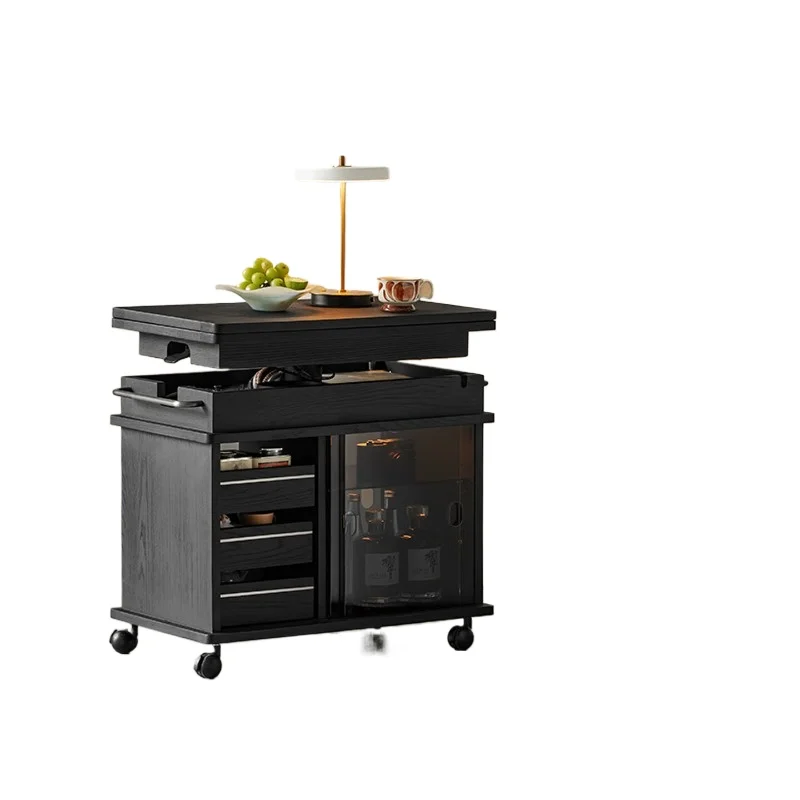 Solid wood folding black modern minimalist cart, movable side table for bedroom and living rooms