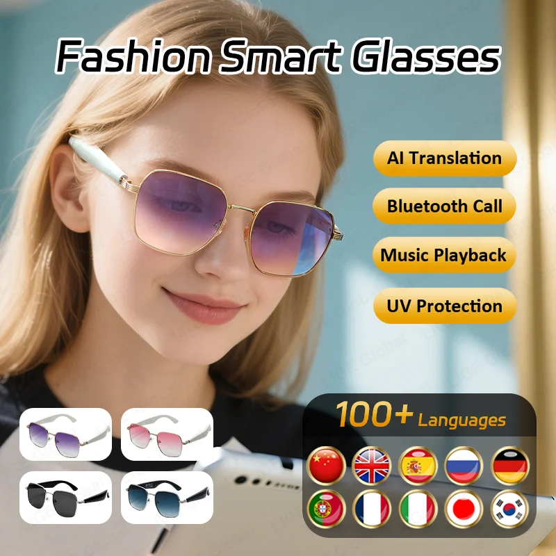 

LIGE AI Intelligent Translation Glasses 100+ Online Language Bluetooth Call Earphones Smart Glasses Men Women Anti-UV Sunglasses