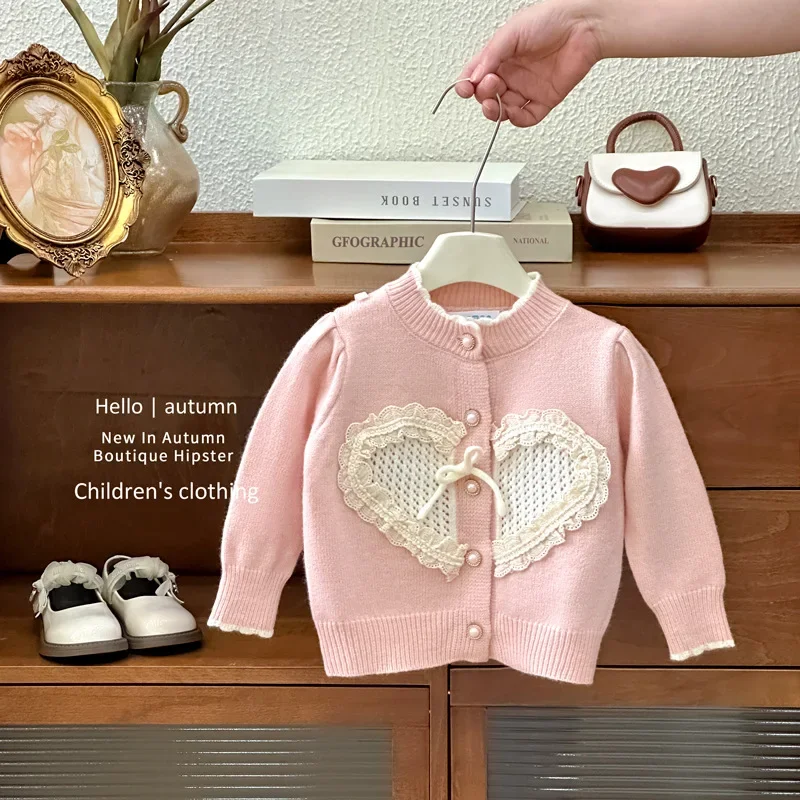 Girls Suit 2024 Autumn and Winter Style Sweet and Pink Playful and Cute Long-sleeved Warm Sweater Love Children Clothes