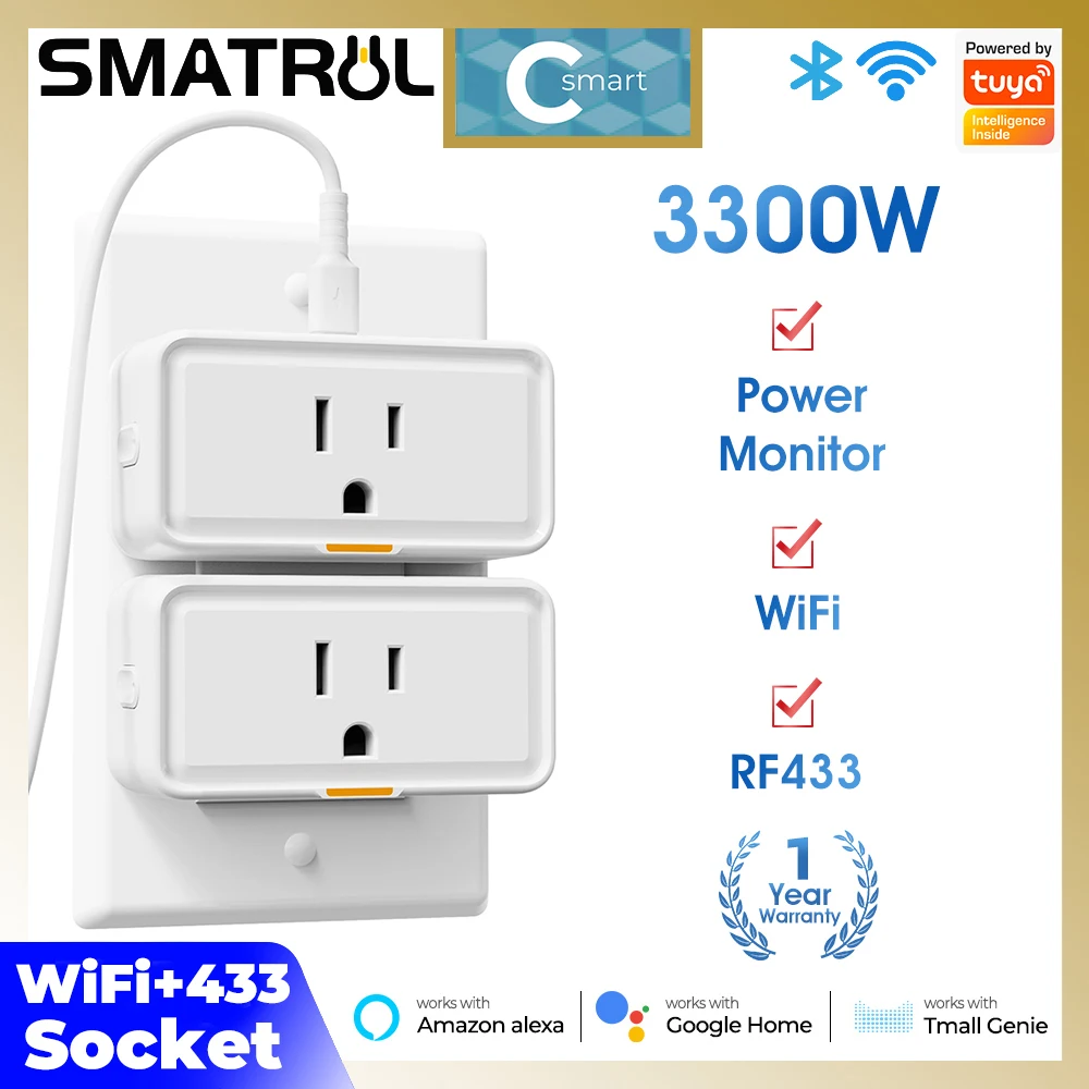 3300W US Smart WIFI Socket Travel Adapter 110V-240V AC Outlet Timer Wall Socket Tuya Smart Plug For Home Appliance RF433 Type-C