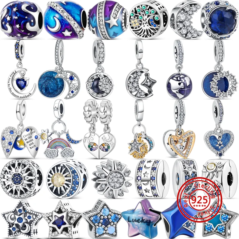 

925 серебро, синий стиль, я люблю тебя, звезды, луна, солнце, сверкающая подвеска, модные шармы, бусины, подходят для оригинального браслета Pandora, DIY ювелирные изделия
