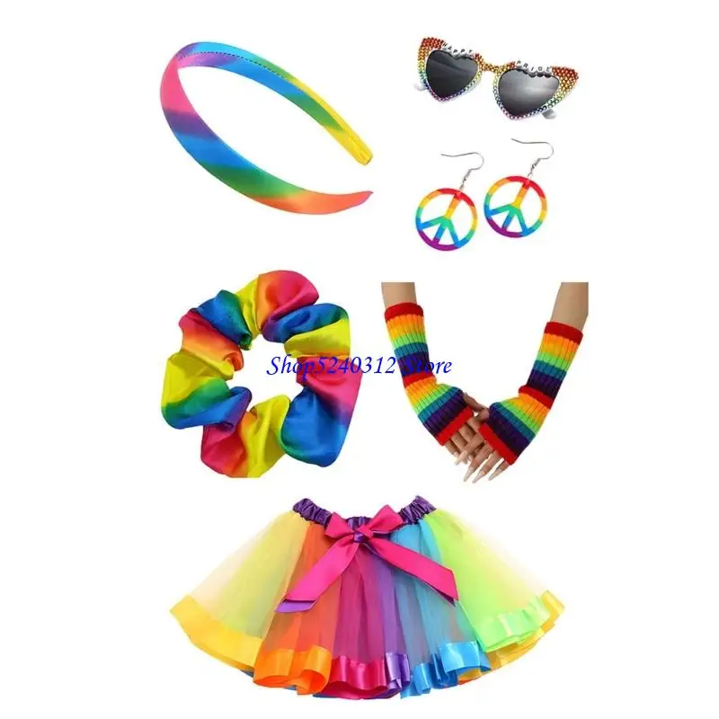

634C Rainbow Costume Rainbow Outfits Rainbow Tutus Skirt Flower Headband Stripe Socks for Halloween Cosplay Dressing Up Party
