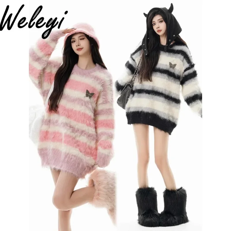 

American Striped Mink Hair Sweater Female Students Outer Wear Spring and Autumn 2024 New Long Sleeve Mohair Knitted Sweaters