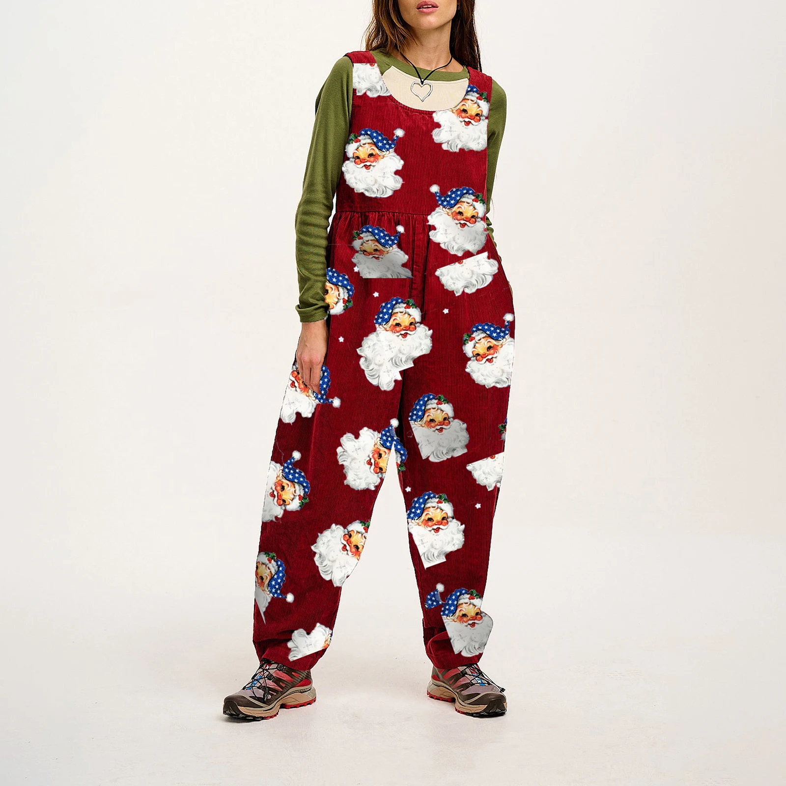 Women Christmas Bib Overalls Santa Claus Print Baggy Jumpsuit Romper Pants with Pockets Y2K Festival Holiday Clothes