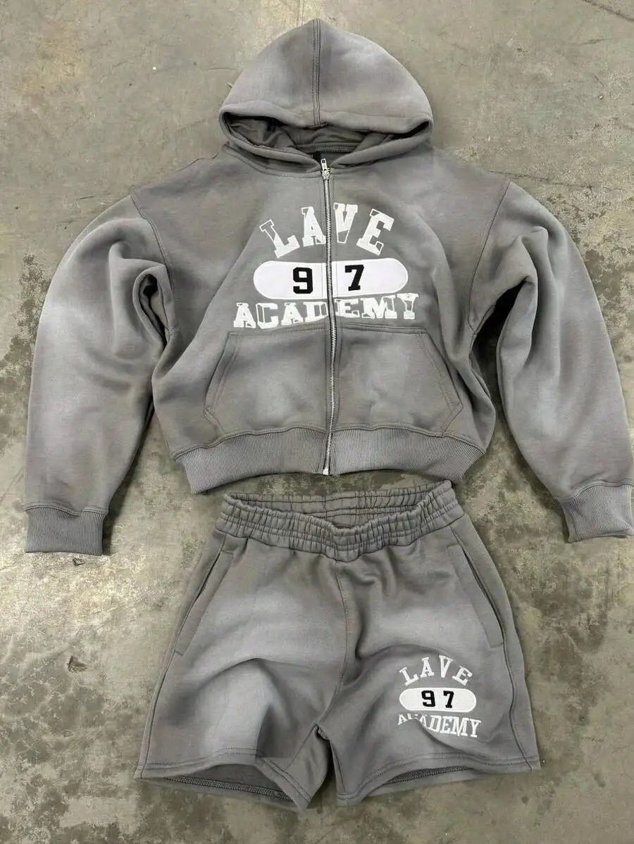 

Mens Casual Hooded Sweatshirt And Shorts Set Gray Solid Color