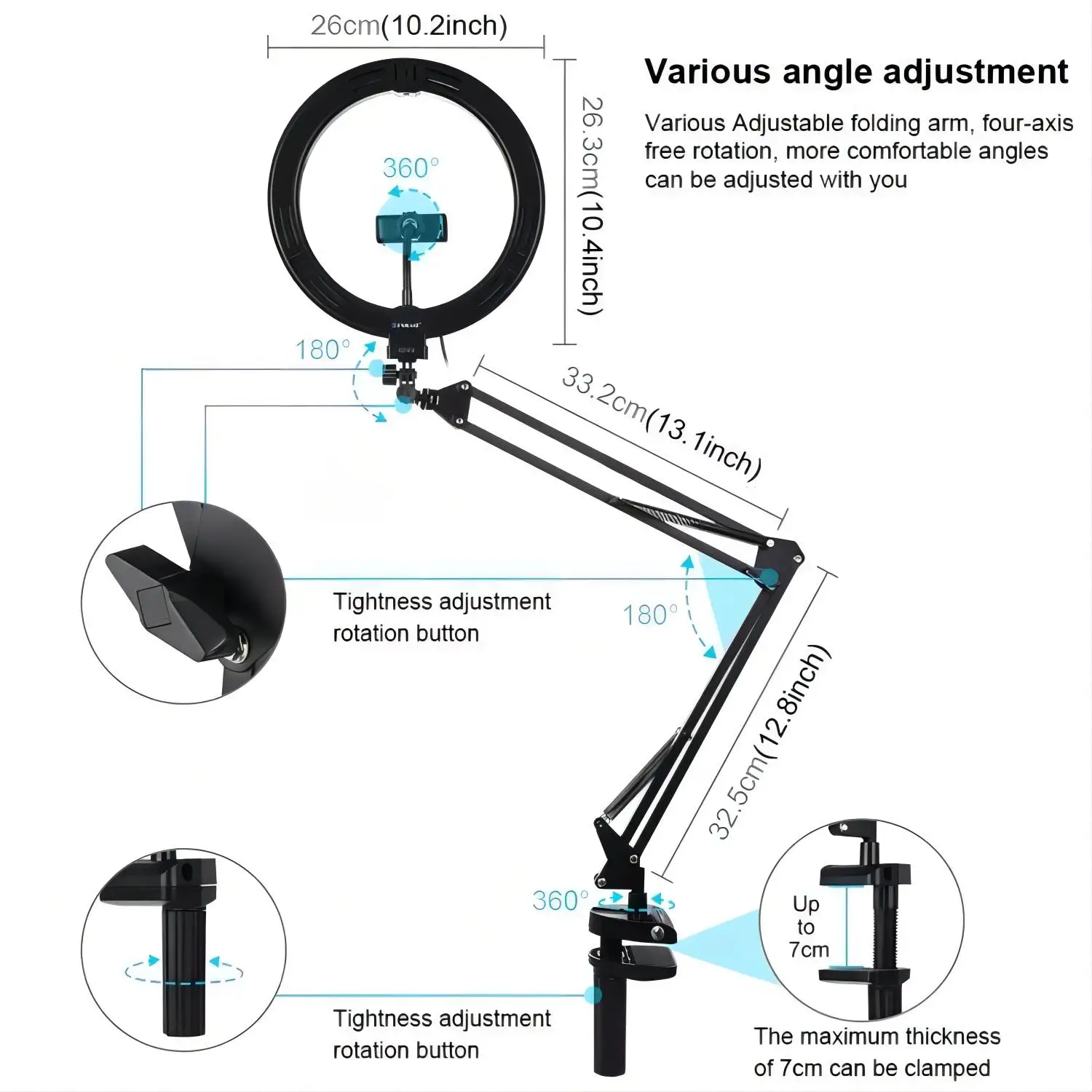 Camera Phone Tripod Table Stand Set Overhead Shot Photography Adjustable Arm For Ring Light Lamp Studio Kit Dimmable Selfie Live