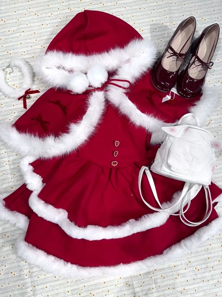 겨울 달콤한 로리타 크리스마스 드레스 세트 여성용 귀여운 숏 케이프 + 슬림 플러피 드레스 새로운 귀여운 산타 스타일 파티 의상