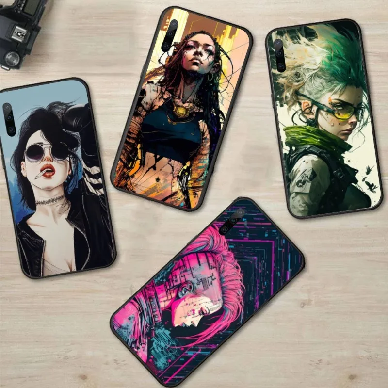 Cyberpunk Girl Anime Phone Case for Huawei P50 P40 P30 Pro Lite P Smart 2021 2019 Magic 3 Black Soft Phone Cover Funda