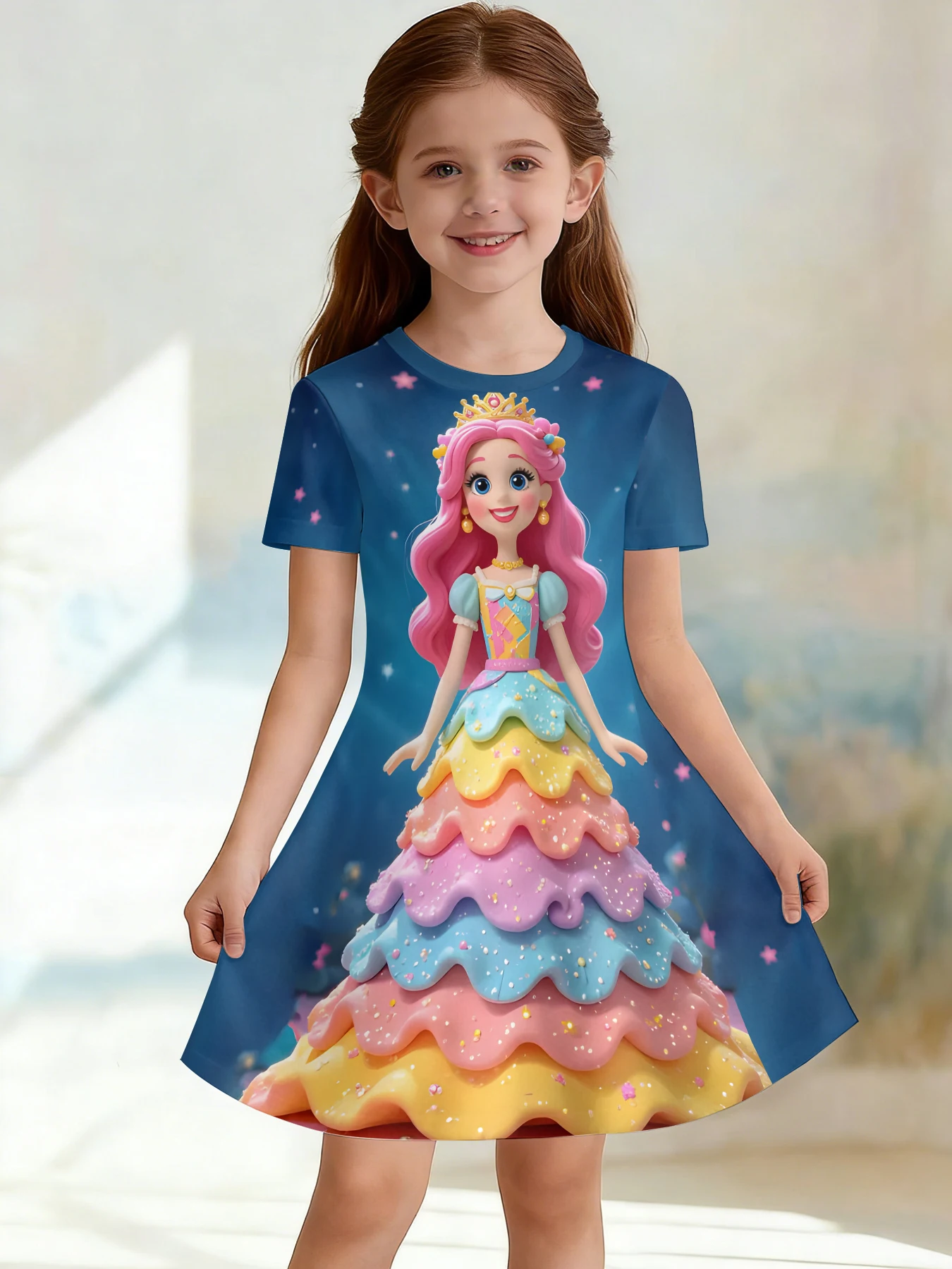 Girls 3D Crew Neck A-line Dress, Pink Castle Princess and Elf Print, Perfect for Parties and Birthday Gifts.