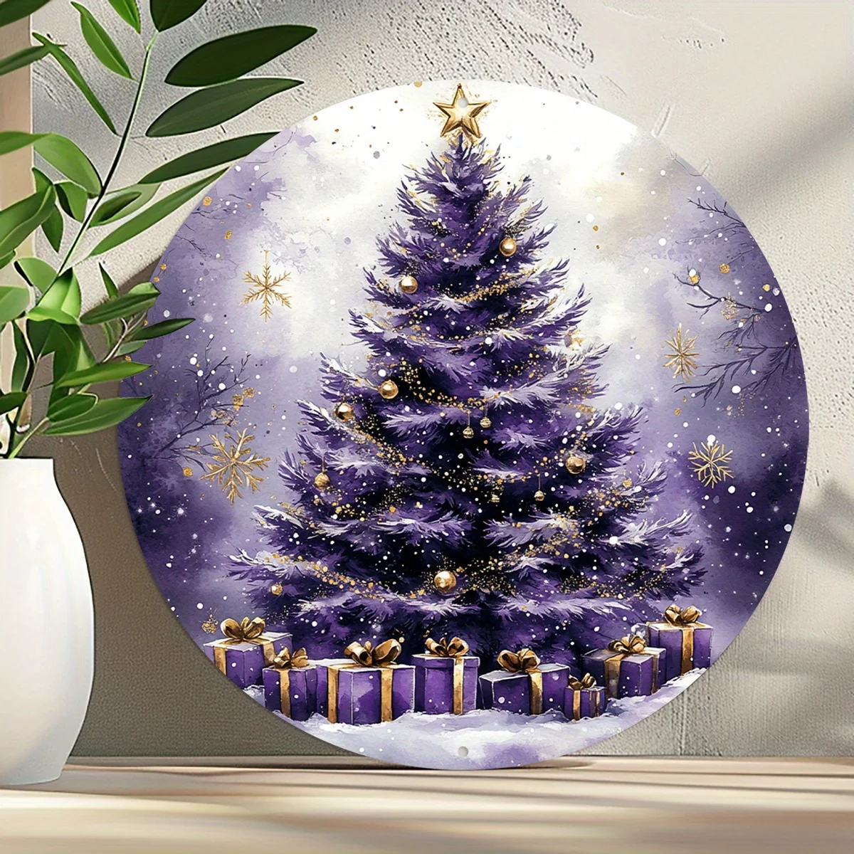 1pc Vintage-Style Circular Aluminum Wall Decor, Purple Christmas Tree Metal Wreath Sign, Weather-Resistant Multipurpose No-Elect