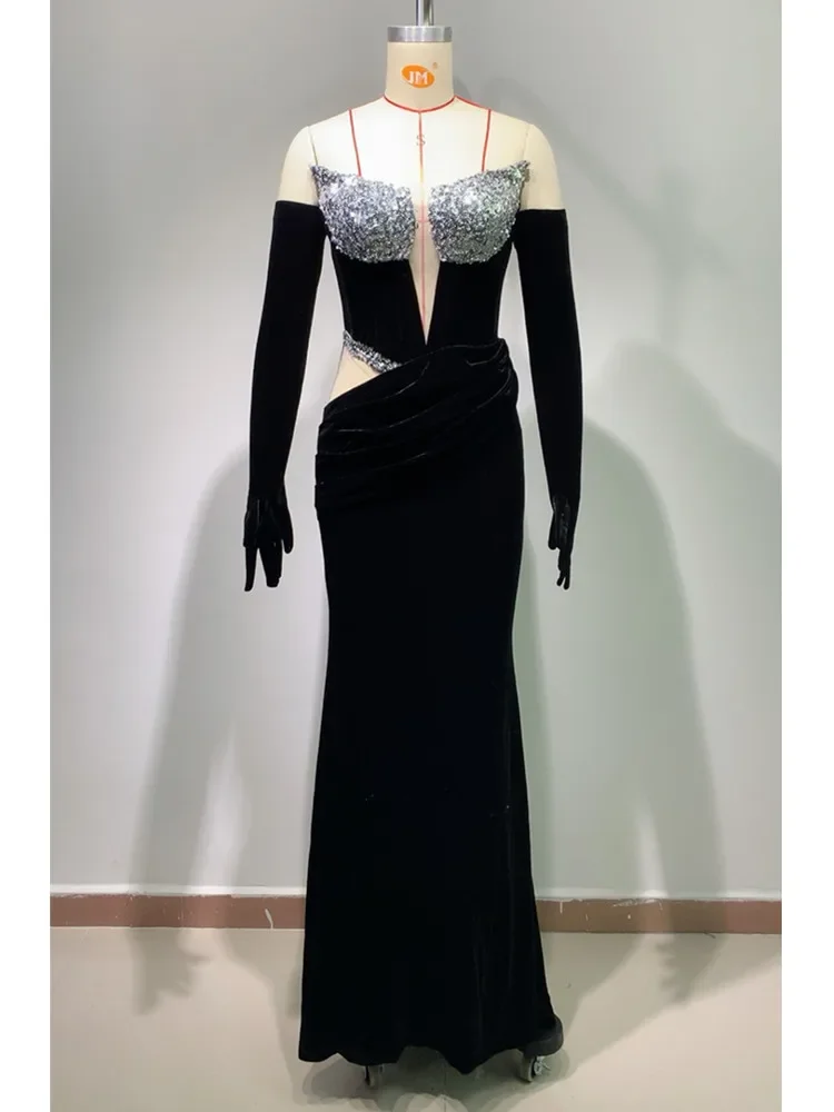 Off Shoulder Velvet Sequins Maxi Long Dress 2024 Elegant Party Evening Stage Performance evening dresses  formal dress