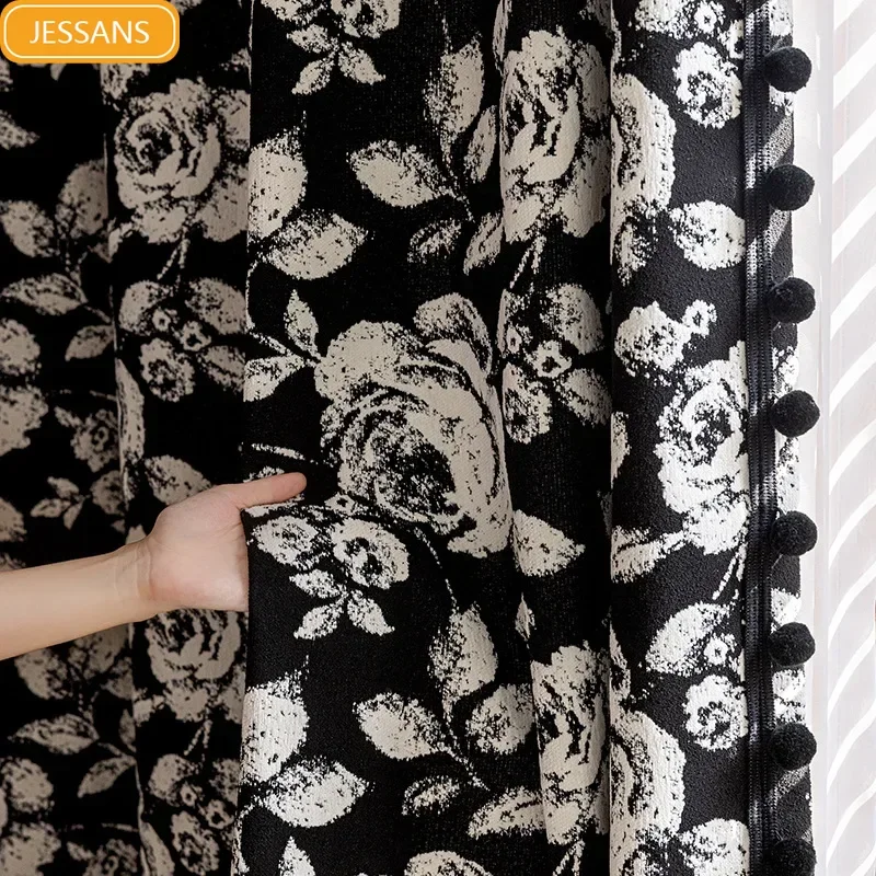 Black and White Rose Print Chenille Thickened Curtains for Living Room Bedroom Balcony Bay Window Customized Finished Product