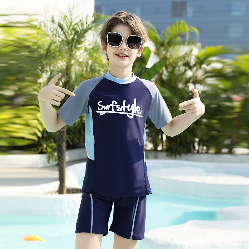 Summer new style boys, middle and large children\'s swimsuits, split quick-drying short-sleeved shorts, children\'s beach swimsuit