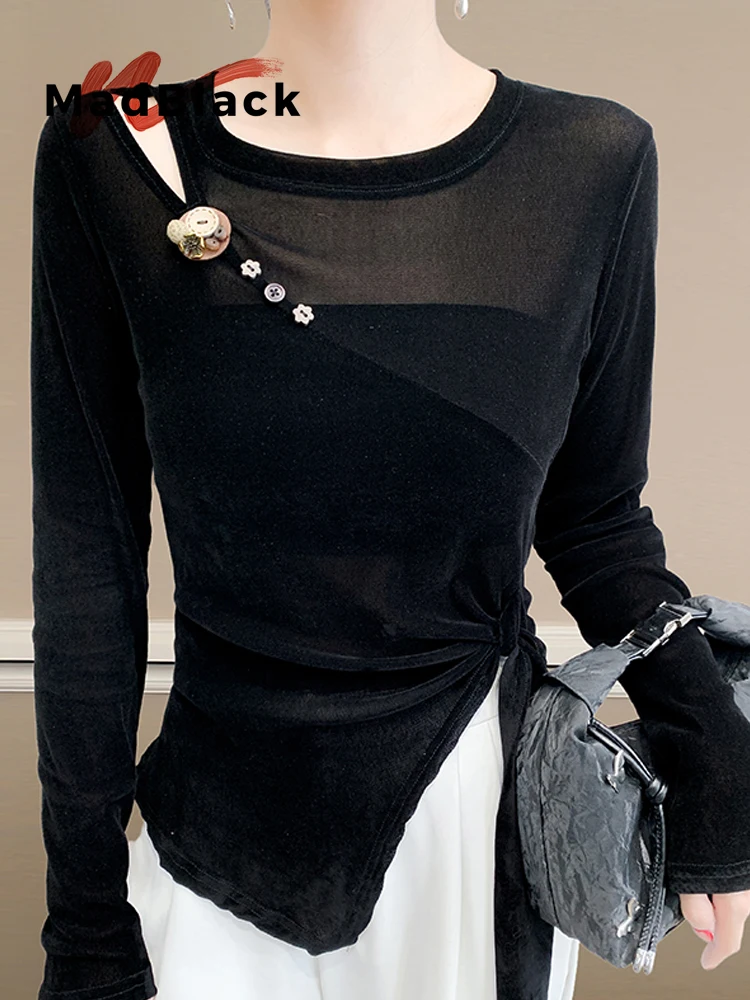 MadBlack-Women European Velvet T-Shirt, Sexy O Neck Hollowed-out, Workwear Long Sleeve Slim S-3XL Knit Tee, 2026 Autumn T6O908CC