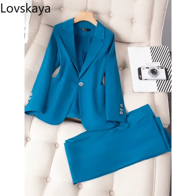 

Women Pant Suit Yellow Blue Khaki Blazer Jacket And Trouser Work Wear Formal 2 Piece Set With Pocket