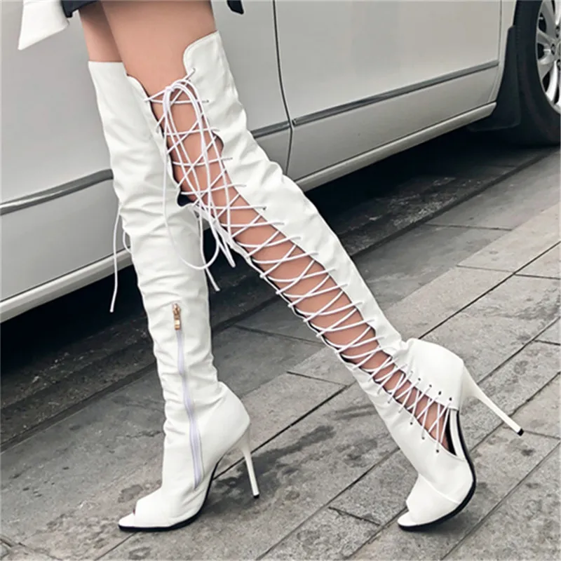 Tall Slim Over Knee Boots Sexy Large Size Open-Toed Fish Mouth Cold Boots Pointed Thin Heel Sexy Women's Boots 34&46 Sneakers