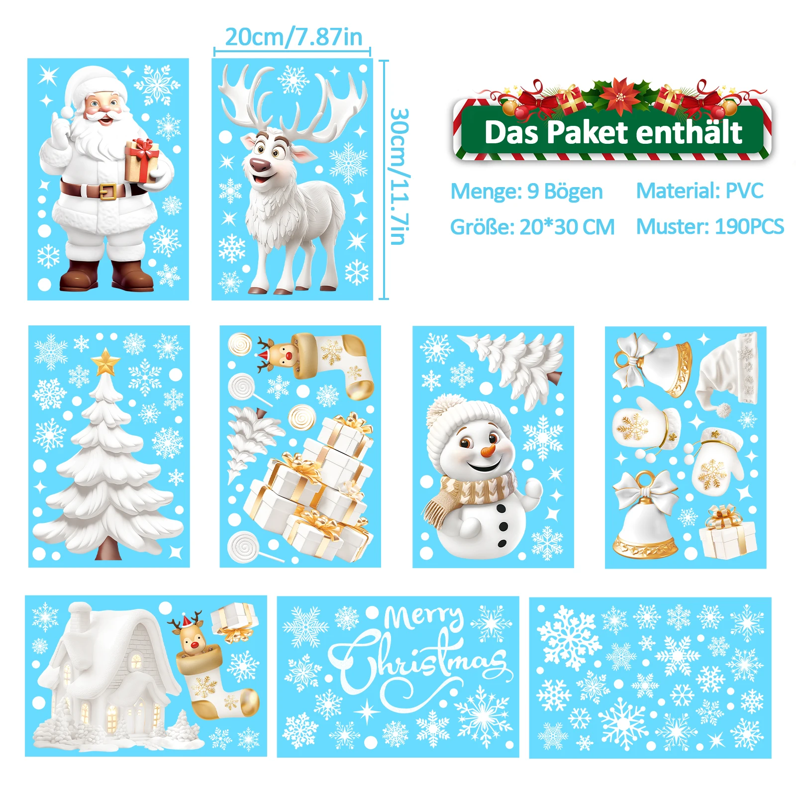

Nepfaivy Weihnachten Fensterbilder Selbstklebend 190PCS Wiederverwendbare Statische Fensterdeko Schneeflocken