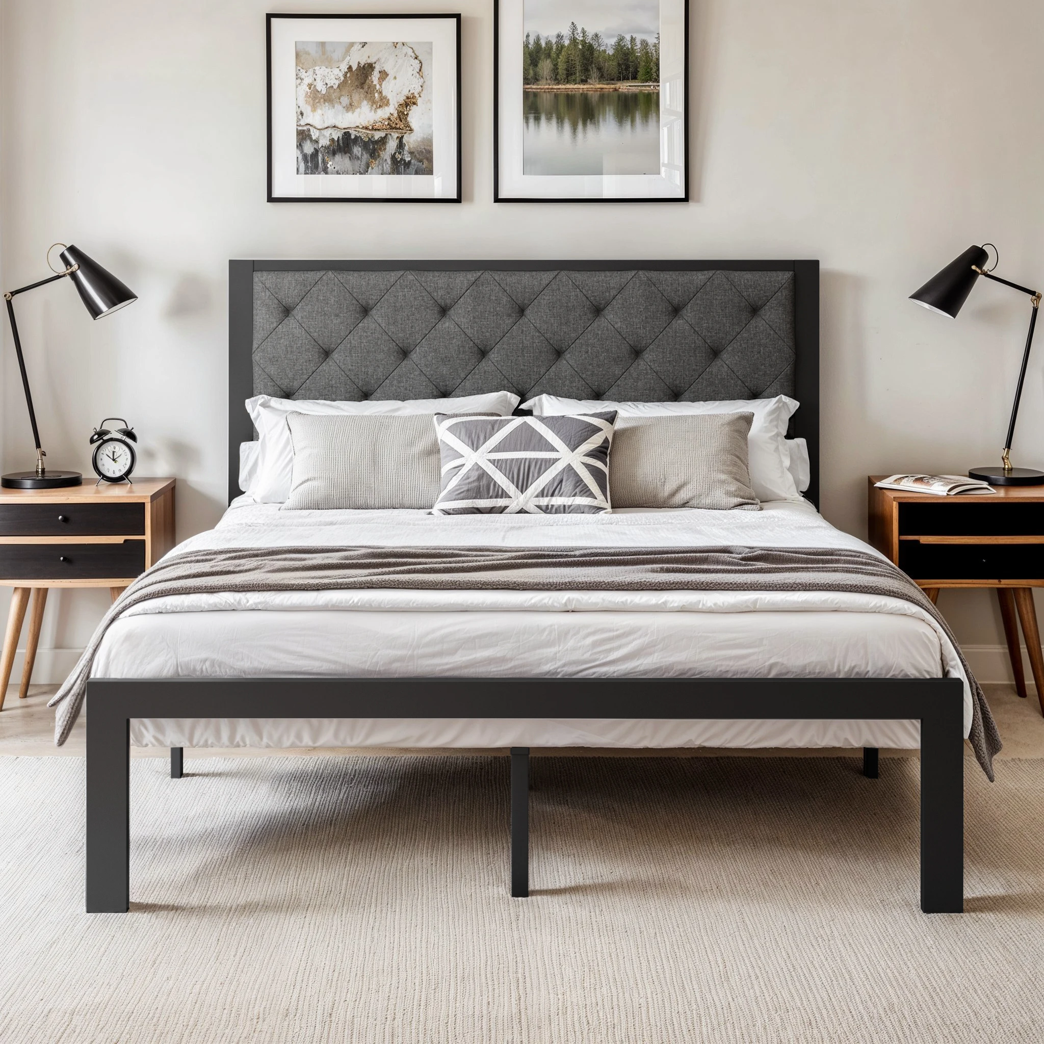 HOOMIC Metal Bed Frame with Upholstered Finely Stitched Headboard, Linen Fabric, Sturdy Foundation, No Box Spring Needed