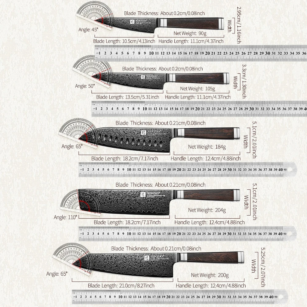 XINZUO Professional 1-5 Piece Damascus Knife Set Original Design Black Titanium Plating Blade And Classic Japanese Handle