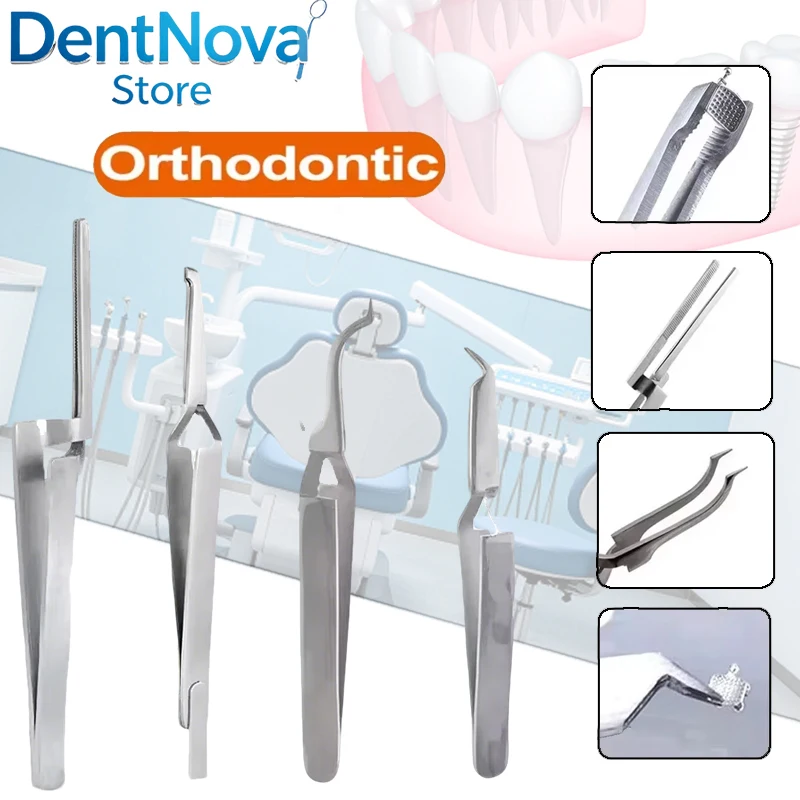 

4pcs Dental Bracket Tweezers Orthodontic Micro Serrated Tip Stainless Steel Ortho Pliers Positioning Tool